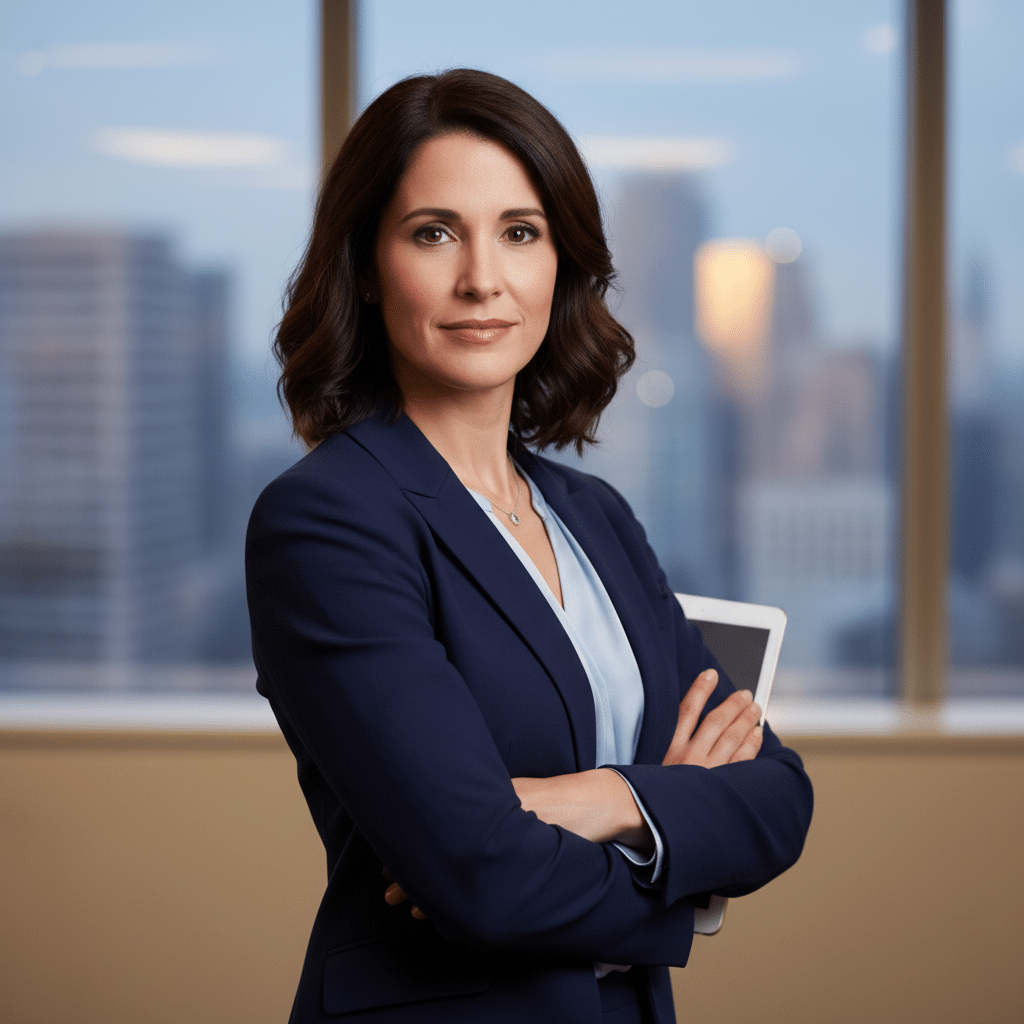 A business woman in a blue suit stands with arms crossed holding a tablet in front of a city office window.